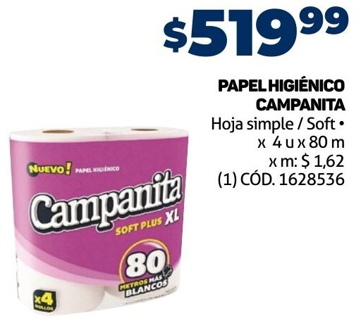 PAPEL HIGIÉNICO CAMPANITA Hoja simple Soft x 4 u x 80 m oferta en Makro