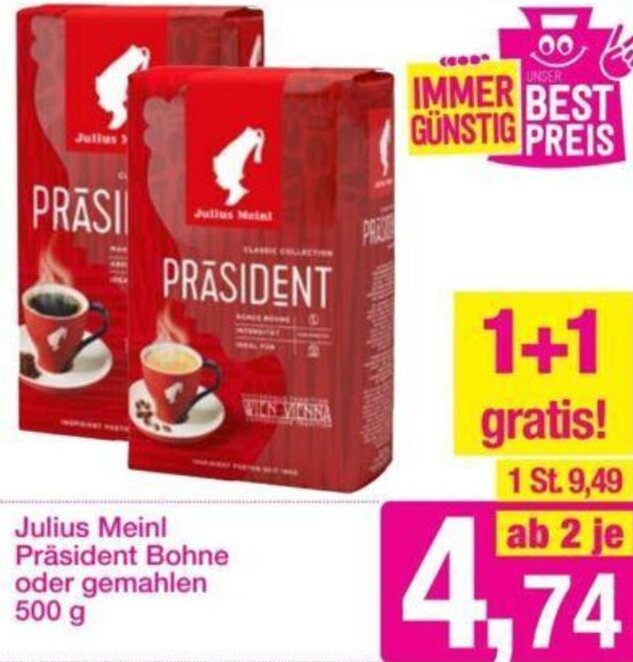 Julius Meinl Präsident Bohne oder Gemahlen 500 g Angebot bei Sutterlüty