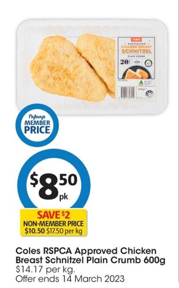 Coles RSPCA Aprroved Chicken Breast Schnitzel Plain Crumb 600 G Offer