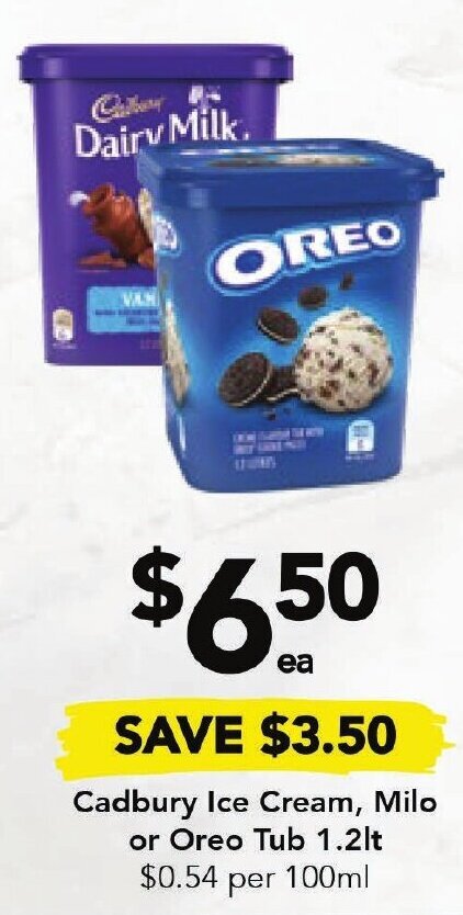 Cadbury Ice Cream Milo Or Oreo Tub 1 2lt Offer At Drakes