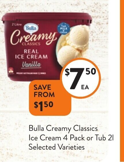 Bulla Creamy Classics Ice Cream 4 Pack Or Tub 2L Offer At Foodworks