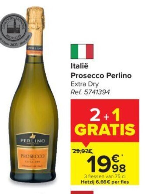 Italië Prosecco Perlino Extra Dry promotie bij Carrefour