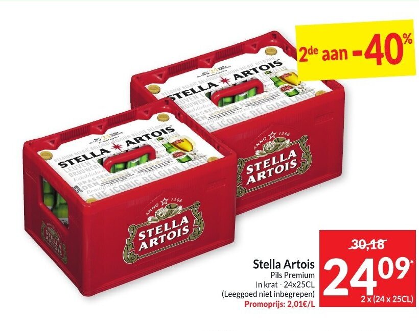 Stella Artois Pils Premium 2 x 24 x 25cl promotie bij Intermarché