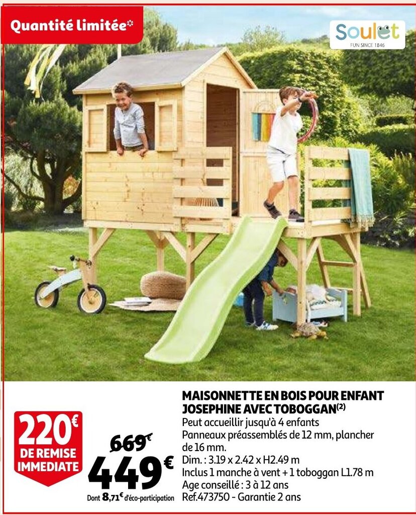 Maisonnette En Bois Pour Enfant Josephine Avec Toboggan Promotie Bij Auchan