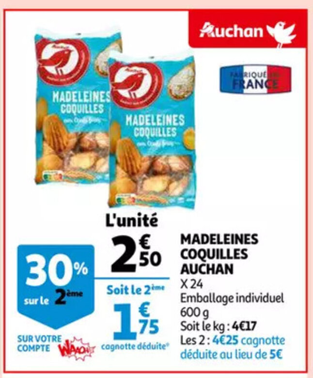 Madeleines Coquilles X24 Emballage Individuel 600 G Promotie Bij Auchan