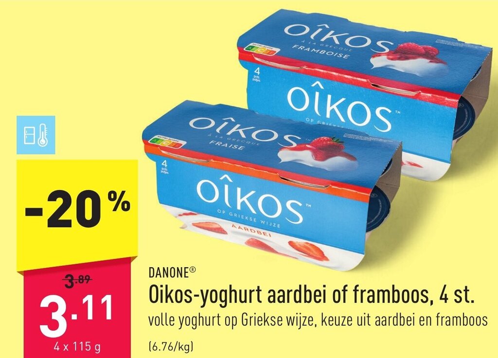 Danone Oikos Yoghurt Aardbei Of Framboos 4 X 115g Promotie Bij ALDI