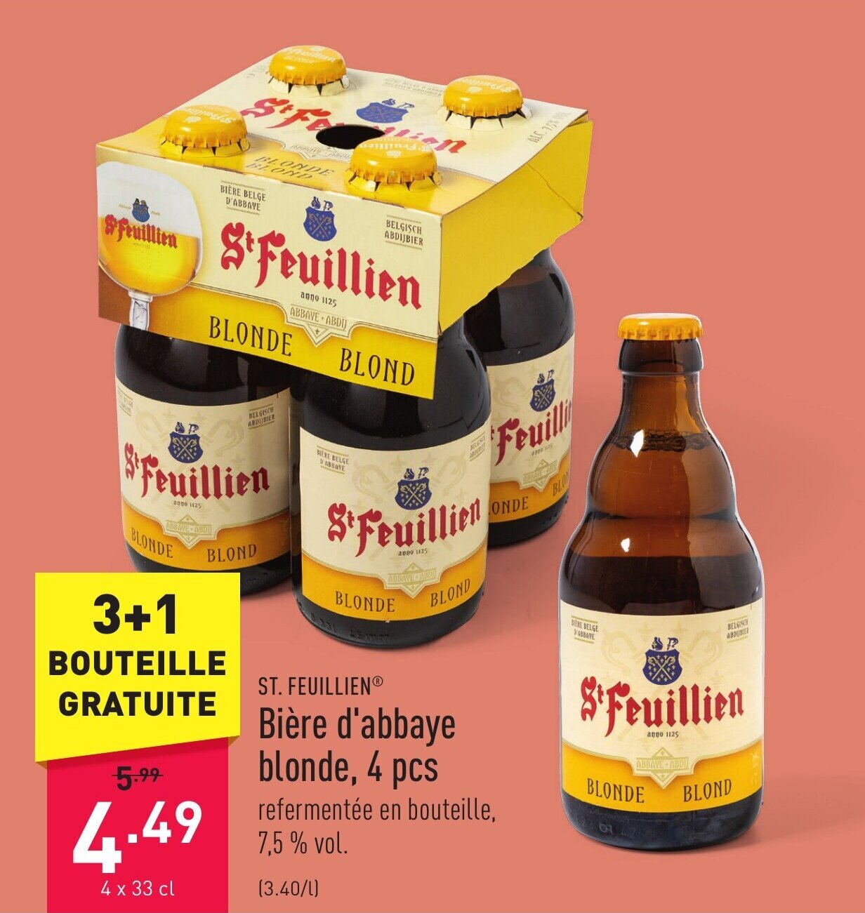 ST FEUILLIEN Bière d abbaye blonde 4 x 33 cl promotie bij ALDI