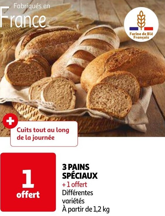 3 PAINS SPÉCIAUX 1 offert Différentes variétés promotie bij Auchan