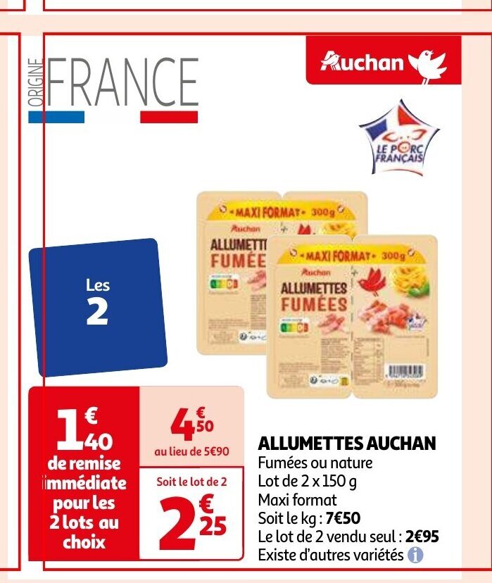 ALLUMETTES AUCHAN Fumées ou nature Lot de 2 x 150 g Maxi format