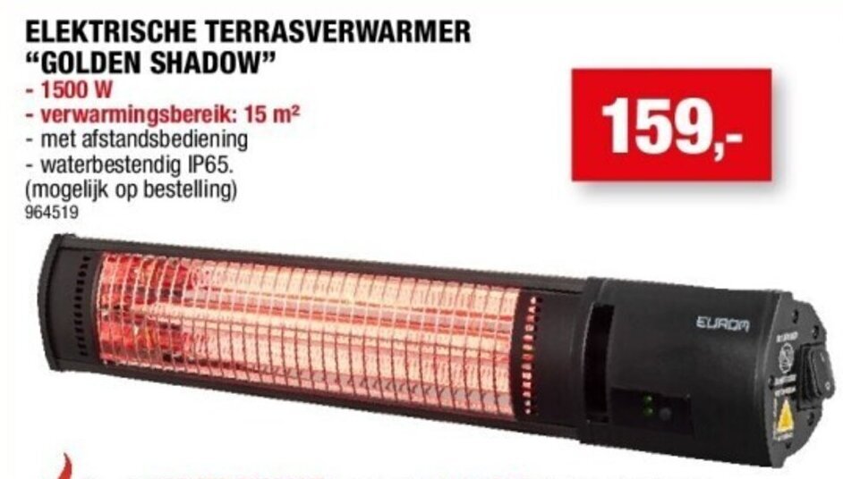 EUROM ELEKTRISCHE TERRASVERWARMER GOLDEN SHADOW 1500W Promotie Bij Hubo