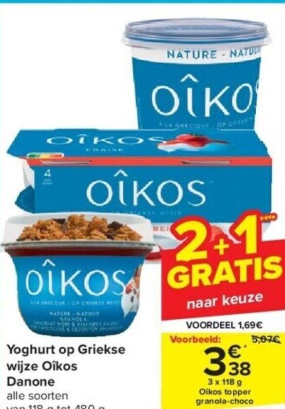 Oîkos Danone Yoghurt op griekse wijze 3 x 118g promotie bij Carrefour