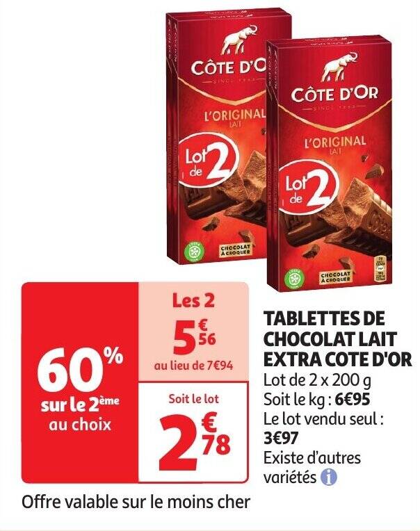 TABLETTES DE CHOCOLAT LAIT EXTRA COTE D OR 2 X 200 G Promotie Bij Auchan