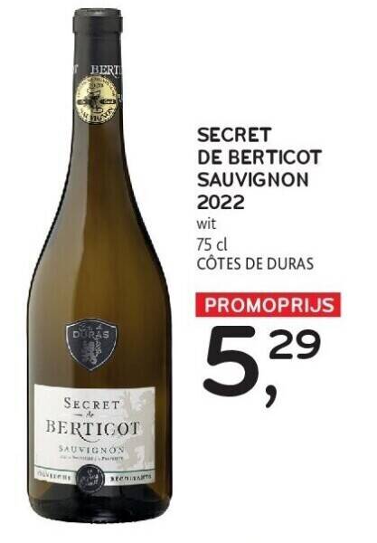 Secret De Berticot Sauvignon 2022 Wit 75 Cl Promotie Bij Alvo