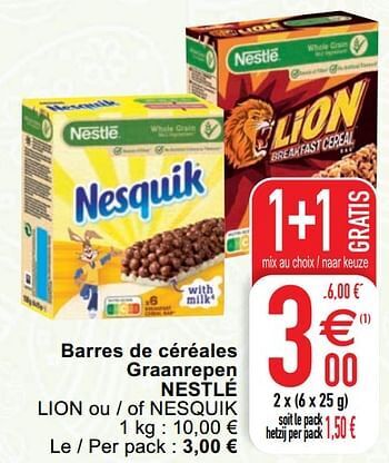 Barres de céréales graanrepen nestlé lion ou of nesquik promotie bij Cora