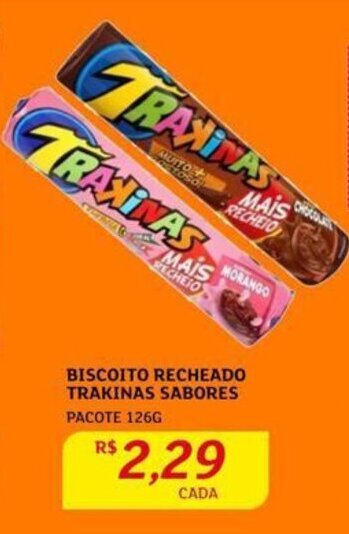 BISCOITO RECHEADO TRAKINAS SABORES PACOTE 126G oferta na Assaí Atacadista