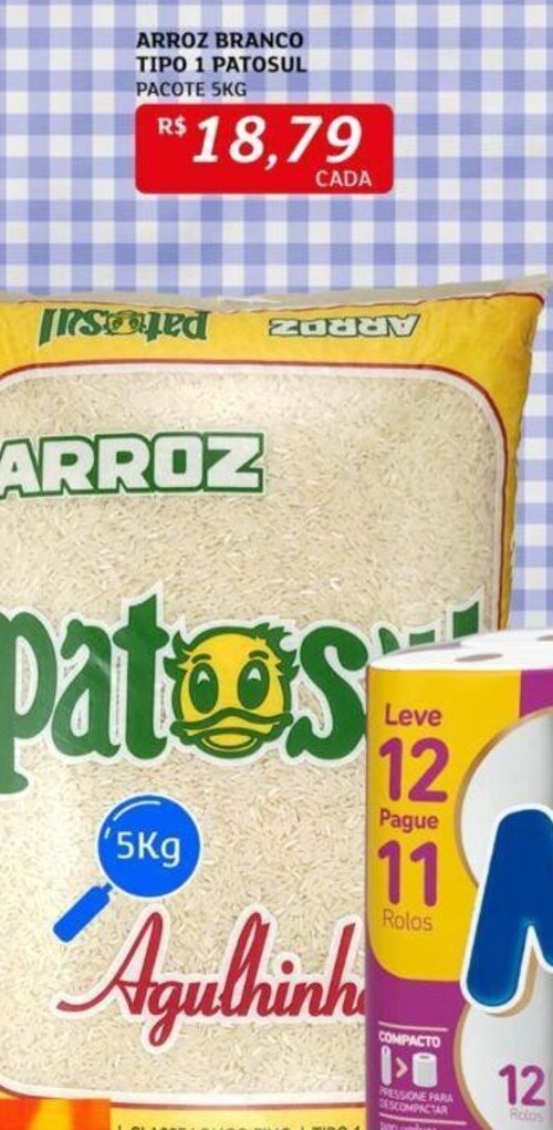 ARROZ BRANCO TIPO 1 PATOSUL PACOTE 5KG oferta na Assaí Atacadista