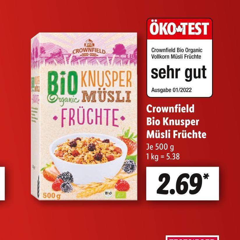 Crownfield bio knusper müsli früchte Angebot bei Lidl