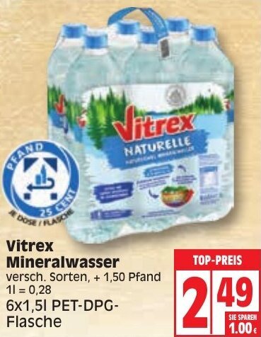 Vitrex Mineralwasser 6x1 5L PET DPG Flasche Angebot Bei Edeka