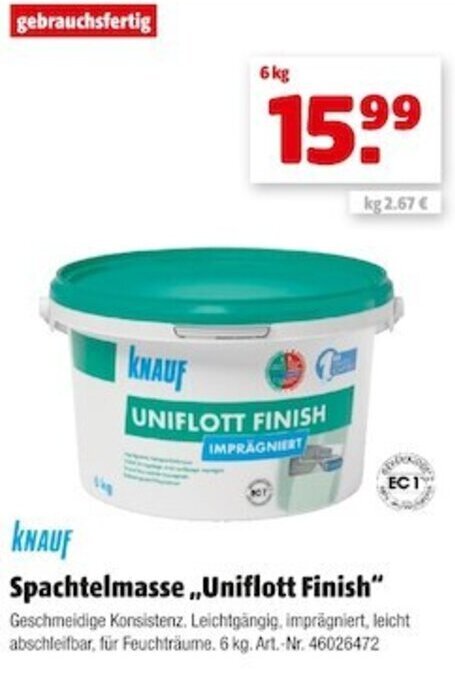 Knauf Spachtelmasse Uniflott Finish 6 Kg Angebot Bei Hagebau