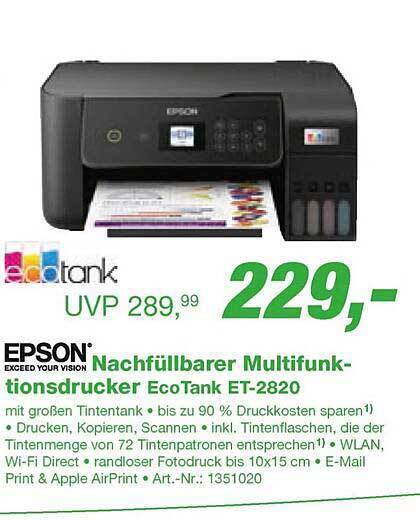 Epson nachfüllbarer multifunk tionsdrucker eco tank et 2820 Angebot bei EP