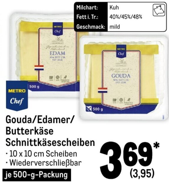 Metro Chef Gouda Edamer Butterkäse Schnittkäsescheiben 500 g Packung