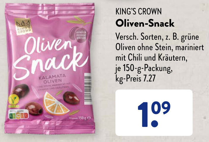 King s Crown Oliven Snack 150 g Packung Angebot bei Aldi Süd