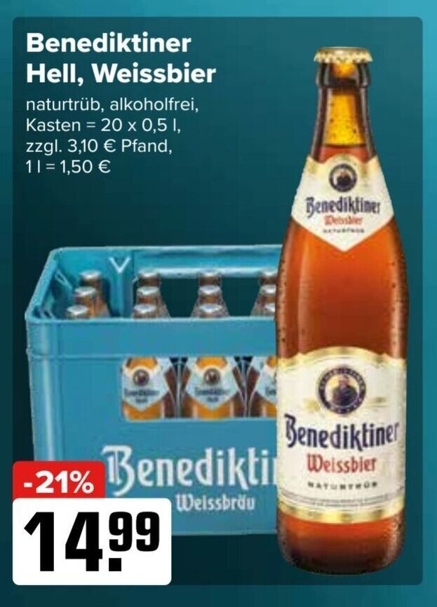 Benediktiner Weissbrau o Hell 20 500ml Angebot bei Logo Getränkemarkt