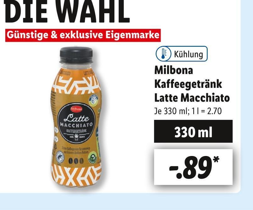 Milbona kaffeegetränk latte macchiato Angebot bei Lidl