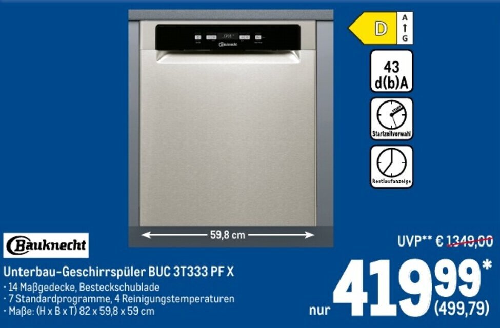 Bauknecht Unterbau Geschirrspüler BUC 3T333 PF X Angebot bei METRO