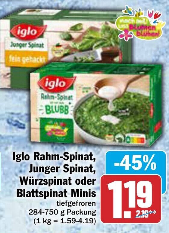 Iglo Rahm Spinat Junger Spinat Würzspinat oder Blattspinat Minis 284