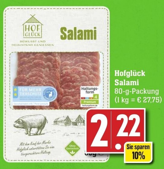 Hofglück Salami 80 g Packung Angebot bei Edeka Neukauf