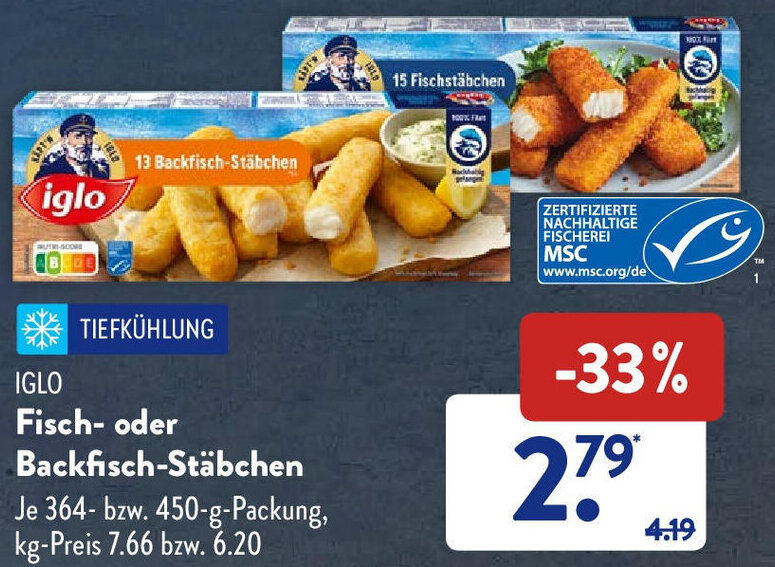 Iglo Fisch oder Backfisch Stäbchen 364 450 g Packung Angebot bei Aldi Süd