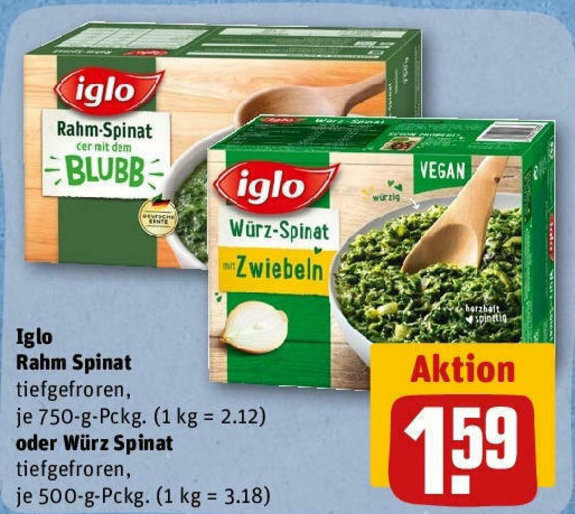 Iglo Rahm Spinat 750 g oder Würz Spinat 500 g Pckg Angebot bei REWE