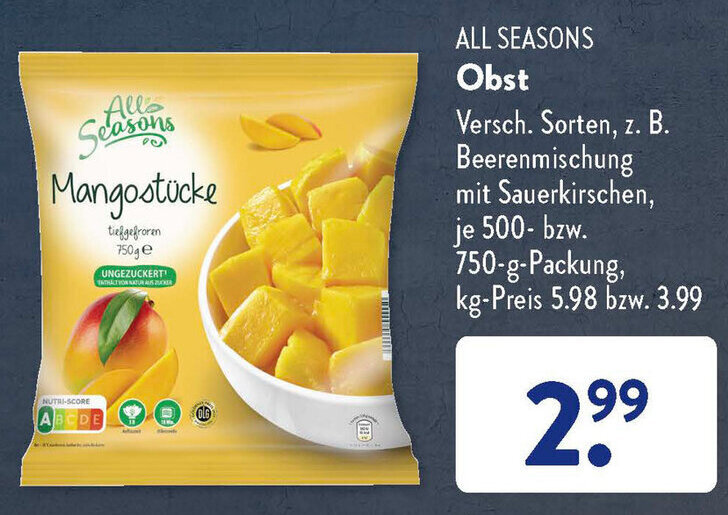 All Seasons Obst 500 750 g Packung Angebot bei Aldi Süd