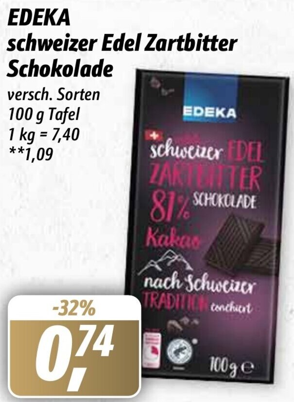 Edeka Schweizer Edel Zartbitter Schokolade 100 G Tafel Angebot Bei Simmel