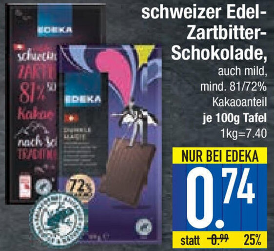 Edeka Schweizer Edel Zartbitter Schokolade G Tafel Angebot Bei E Center