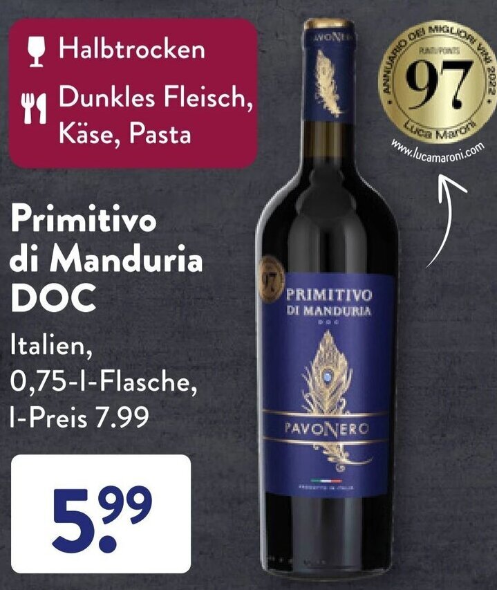 Primitivo di Manduria DOC 0 75 L Flasche Angebot bei Aldi Süd