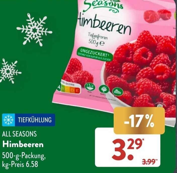 All Seasons Himbeeren 500 g Packung Angebot bei Aldi Süd