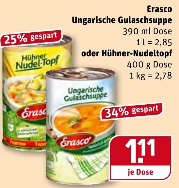 Erasco Ungarische Gulaschsuppe 390ml oder Hühner Nudeltopf 400g Angebot