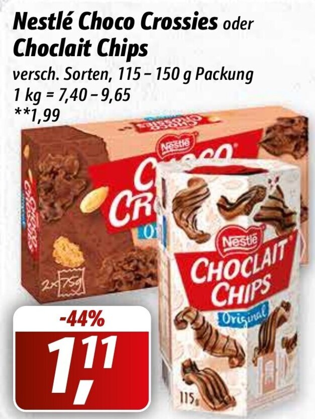 Nestlé Choco Crossies oder Choclait Chips 115 150 g Packung Angebot bei