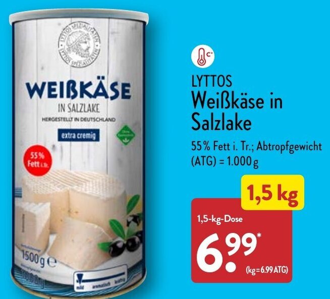 Lyttos Weißkäse in Salzlake 1 5 kg Dose Angebot bei Aldi Nord