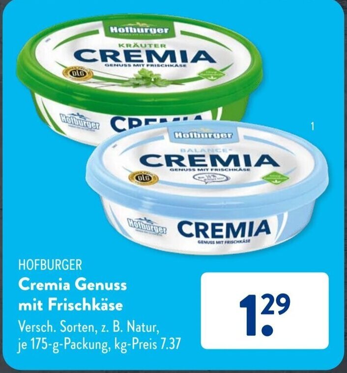 Hofburger Cremia Genuss mit Frischkäse 175 g Packung Angebot bei Aldi Süd