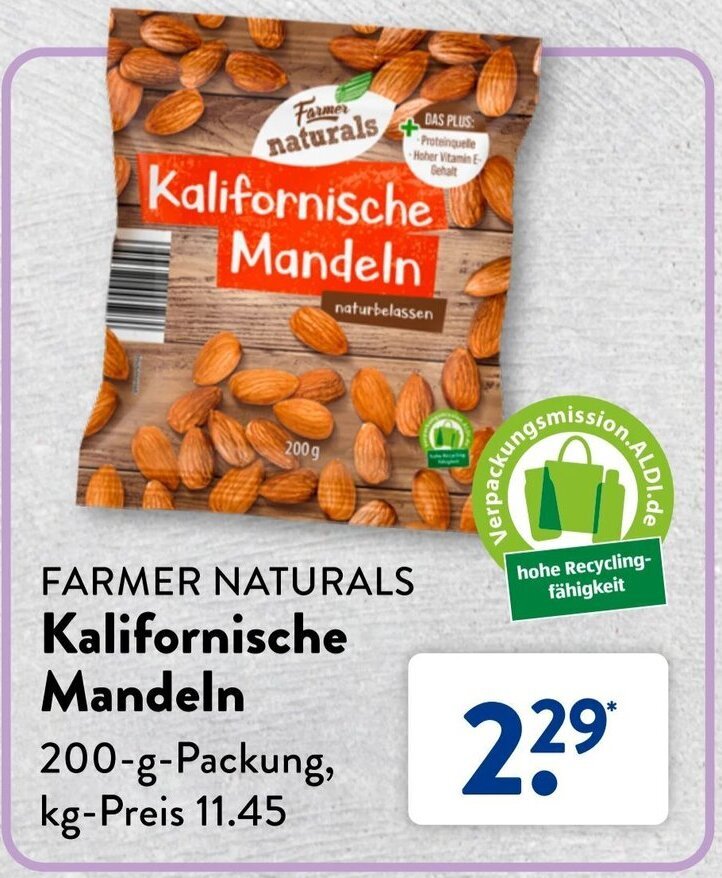 Farmer Naturals Kalifornische Mandeln 200 g Packung Angebot bei Aldi Süd