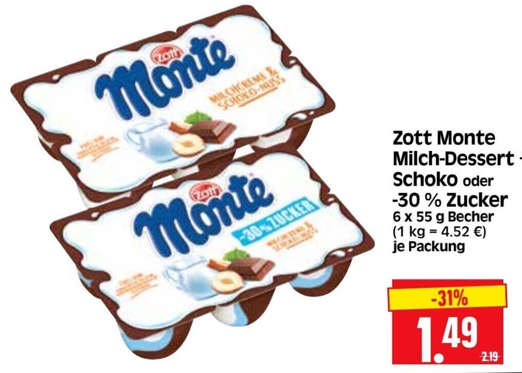 Zott Monte Milch Dessert Schoko O Zucker G Angebot Bei Edeka