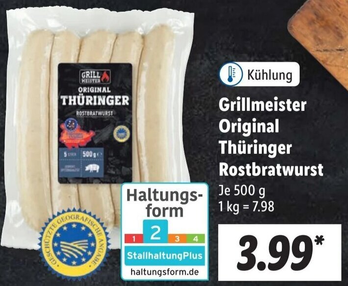 Grillmeister Original Thüringer Rostbratwurst 500 g Angebot bei Lidl