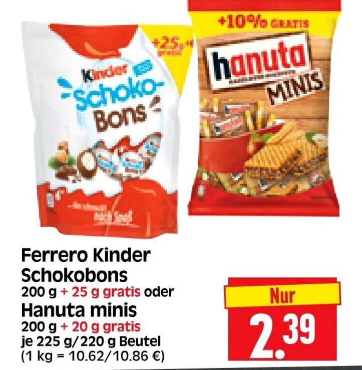 Ferrero Kinder Schokobons 200 G 25 Gratus Oder Hanuta Minis 200 G