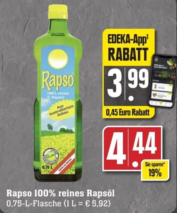 Rapso 100 reines Rapsöl 0 75 L Flasche Angebot bei Edeka