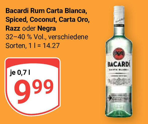 Bacardi Rum Carta Blanca Spiced Coconut Carta Oro Razz Oder Negra