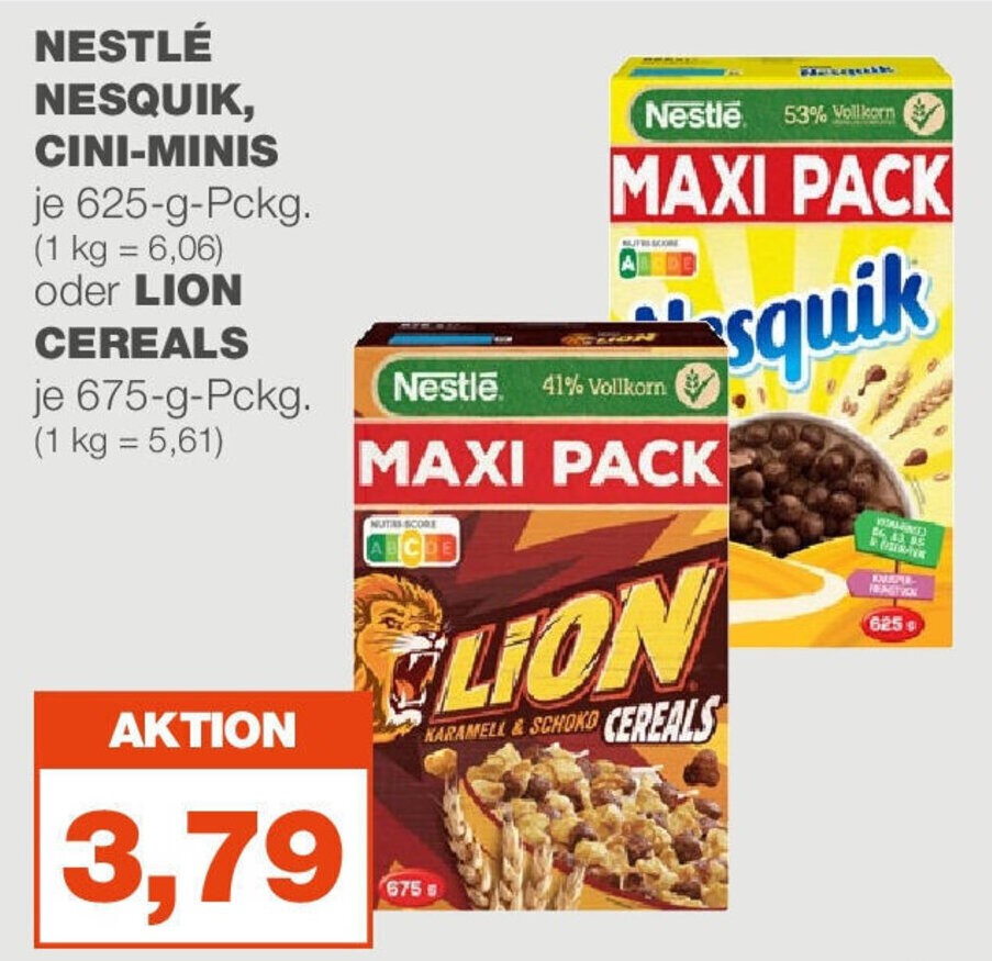 NESTLÉ NESQUIK CINI MINIS 625 g Pckg oder LION CEREALS 675 g Pckg