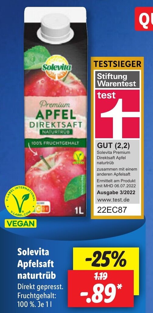 Solevita Apfelsaft naturtrüb 1 L Angebot bei Lidl